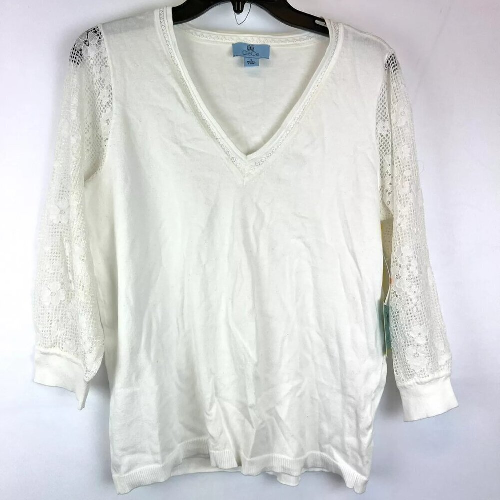 CeCe Women’s Long Sleeve V Neck Cream Sweater Size S